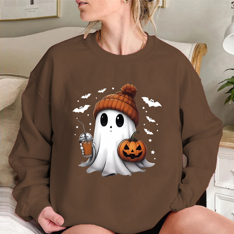 Hanorac lejer cu umeri căzuți, căptușit cu polar, imprimeu Halloween cu fantomă și dovleac, material poliester