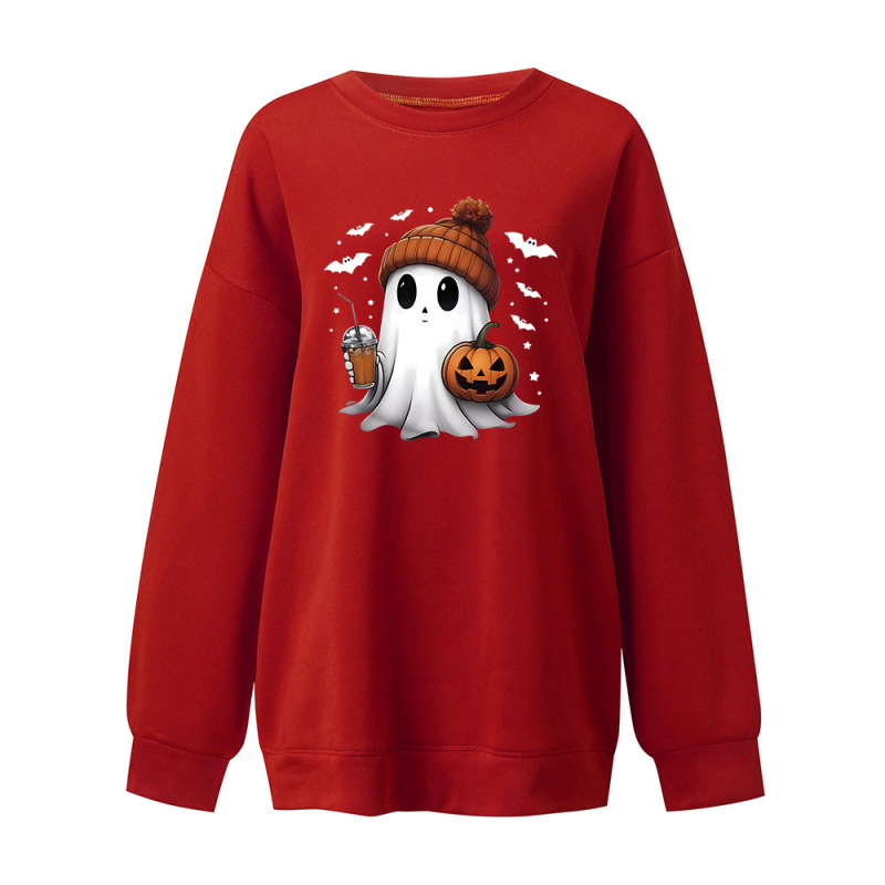 Hanorac lejer cu umeri căzuți, căptușit cu polar, imprimeu Halloween cu fantomă și dovleac, material poliester