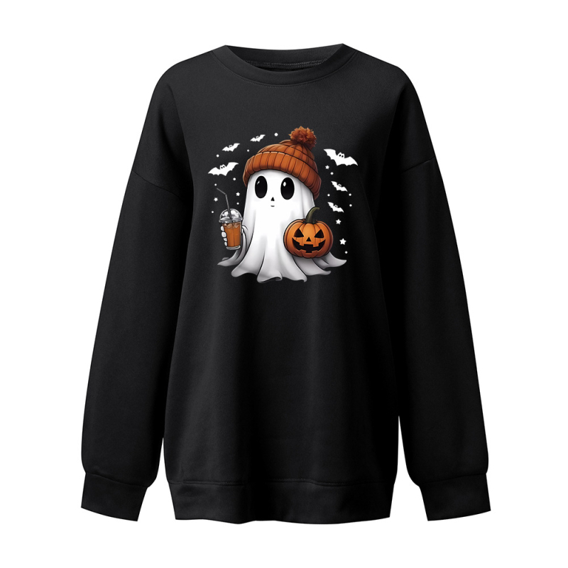Hanorac lejer cu umeri căzuți, căptușit cu polar, imprimeu Halloween cu fantomă și dovleac, material poliester