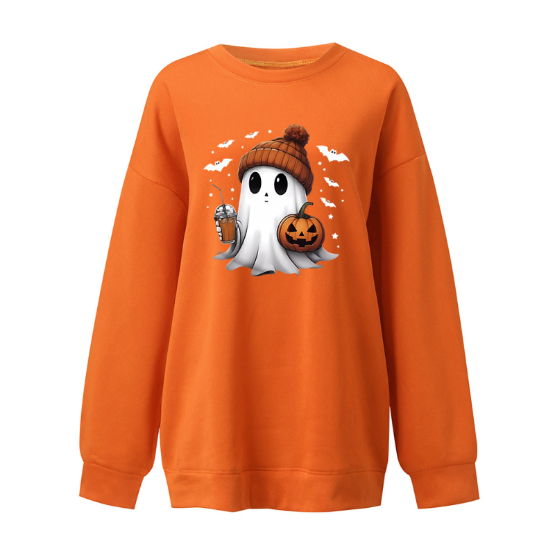 Hanorac lejer cu umeri căzuți, căptușit cu polar, imprimeu Halloween cu fantomă și dovleac, material poliester