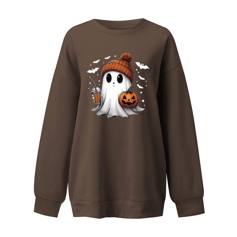 Hanorac lejer cu umeri căzuți, căptușit cu polar, imprimeu Halloween cu fantomă și dovleac, material poliester