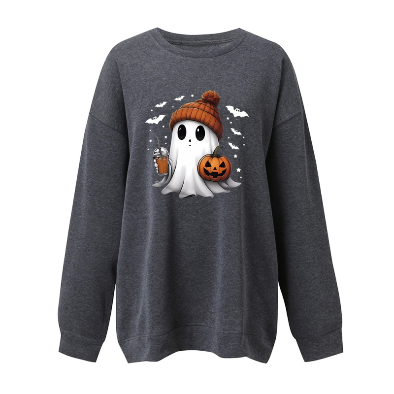 Hanorac lejer cu umeri căzuți, căptușit cu polar, imprimeu Halloween cu fantomă și dovleac, material poliester