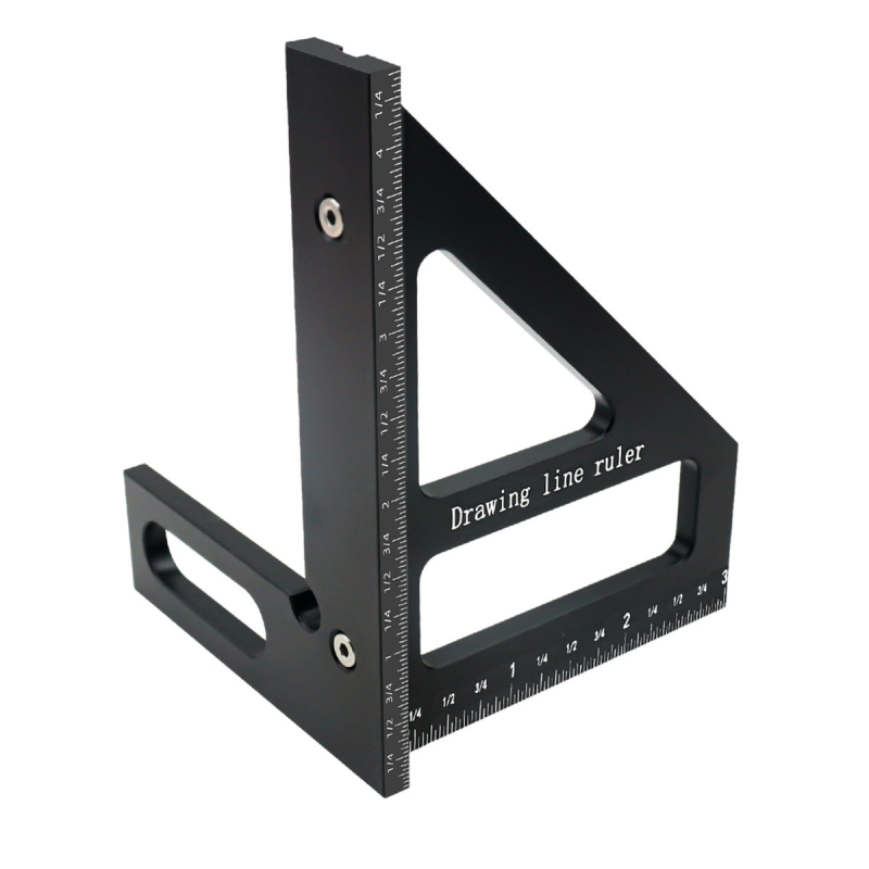 Алуминиев триъгълник‑правило за дървообработване с метрически и британски измервания, 45°/90° скали