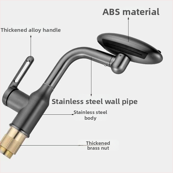Nerūdijančio plieno praustuvo maišytuvo – krioklio srautas, karštas/šaltos, ant stalviršio montuojamas, pasukamas (Modelis: Flying Saucer praustuvo maišytuvo; Medžiaga: nerūdijantis plienas; Keraminių vožtuvų šerdis; Darbinė temperatūra 0–90°C; Montavimas: