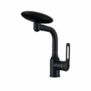 Nerūdijančio plieno praustuvo maišytuvo – krioklio srautas, karštas/šaltos, ant stalviršio montuojamas, pasukamas (Modelis: Flying Saucer praustuvo maišytuvo; Medžiaga: nerūdijantis plienas; Keraminių vožtuvų šerdis; Darbinė temperatūra 0–90°C; Montavimas: