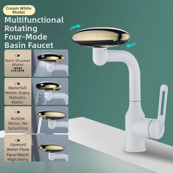 Nerūdijančio plieno praustuvo maišytuvo – krioklio srautas, karštas/šaltos, ant stalviršio montuojamas, pasukamas (Modelis: Flying Saucer praustuvo maišytuvo; Medžiaga: nerūdijantis plienas; Keraminių vožtuvų šerdis; Darbinė temperatūra 0–90°C; Montavimas: