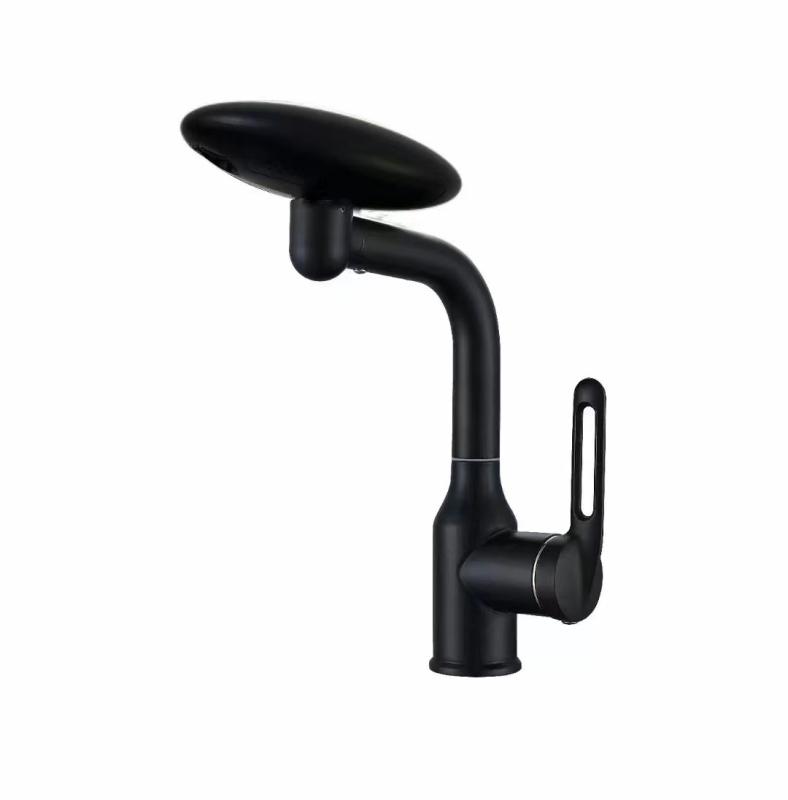 Nerūdijančio plieno praustuvo maišytuvo – krioklio srautas, karštas/šaltos, ant stalviršio montuojamas, pasukamas (Modelis: Flying Saucer praustuvo maišytuvo; Medžiaga: nerūdijantis plienas; Keraminių vožtuvų šerdis; Darbinė temperatūra 0–90°C; Montavimas: