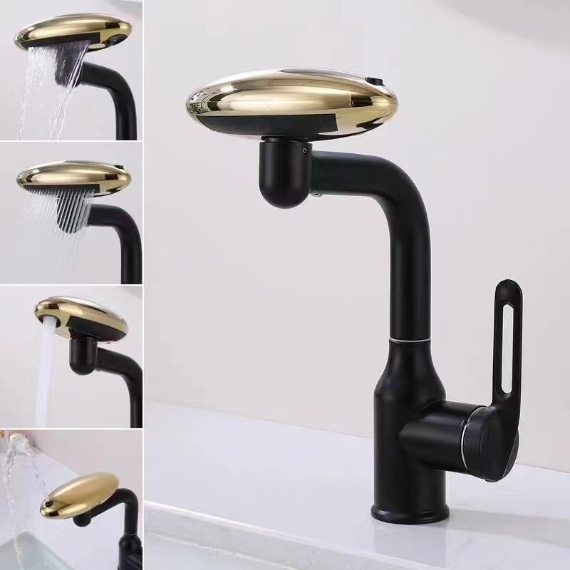 Nerūdijančio plieno praustuvo maišytuvo – krioklio srautas, karštas/šaltos, ant stalviršio montuojamas, pasukamas (Modelis: Flying Saucer praustuvo maišytuvo; Medžiaga: nerūdijantis plienas; Keraminių vožtuvų šerdis; Darbinė temperatūra 0–90°C; Montavimas: