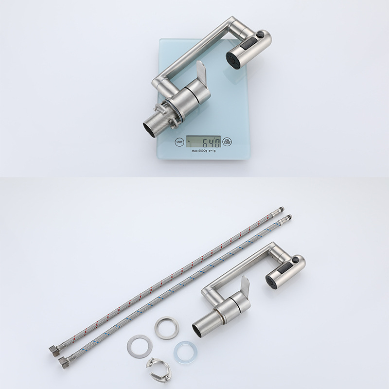 Sulankstomas virtuvės maišytuvas RV – karštas/šaltas, nerūdijantis plienas 304, modelis OX31556, žemas profilis, keraminių disko vožtuvas, šlifuota paviršiaus, maksimali temperatūra 90°C, nominalus slėgis 1,2 MPa