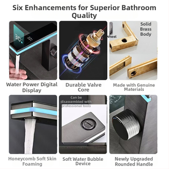 Praustuvo maišytuvas su ambientiniu apšvietimu ir išmaniu skaitmeniniu ekranu, varinis korpusas, keraminių diskų vožtuvas, 1–90°C