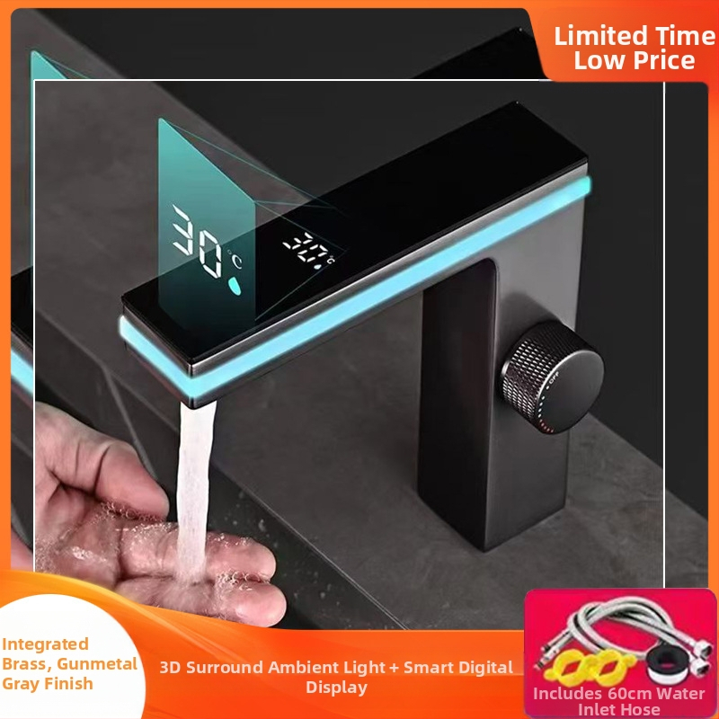 Praustuvo maišytuvas su ambientiniu apšvietimu ir išmaniu skaitmeniniu ekranu, varinis korpusas, keraminių diskų vožtuvas, 1–90°C