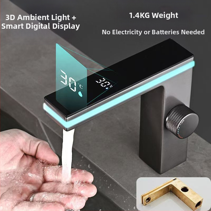 Praustuvo maišytuvas su ambientiniu apšvietimu ir išmaniu skaitmeniniu ekranu, varinis korpusas, keraminių diskų vožtuvas, 1–90°C