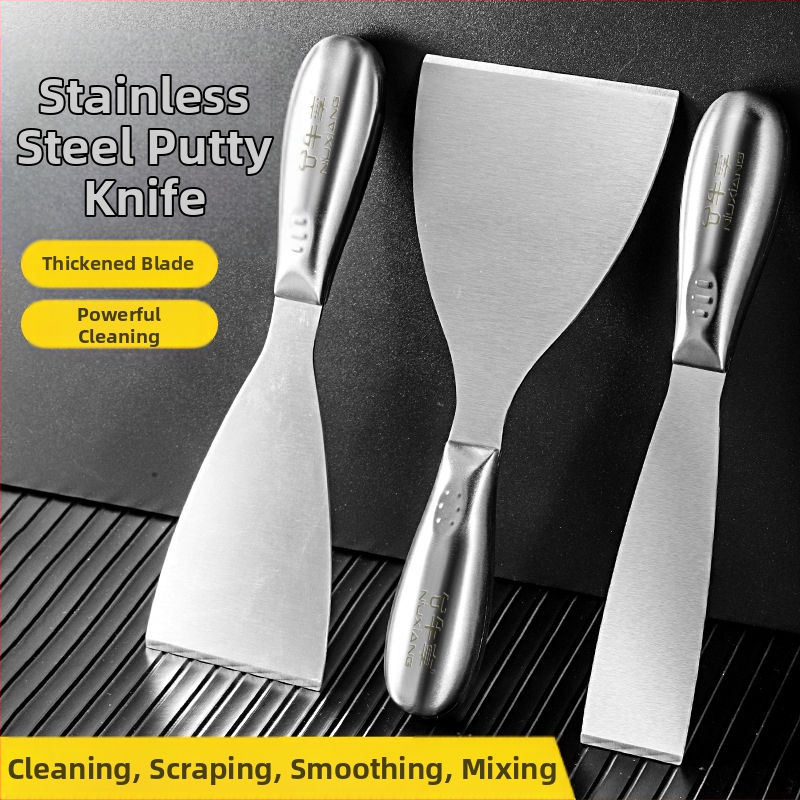 Шпакловъчен нож-скрепер от неръждаема стомана, едно тяло, дебелостенна конструкция, саблевиден връх за шпакловане на стени