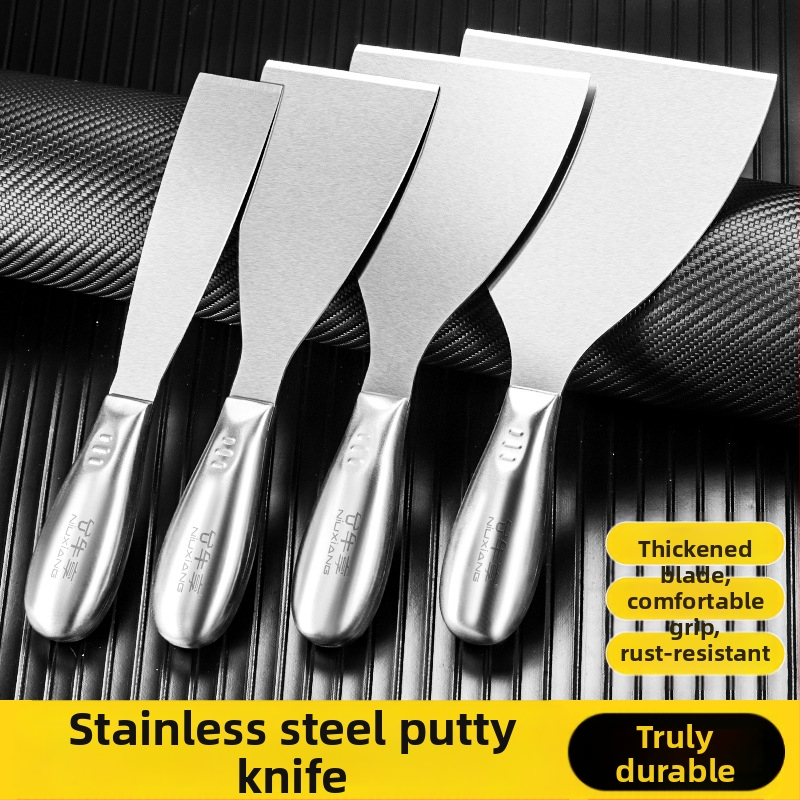 Шпакловъчен нож-скрепер от неръждаема стомана, едно тяло, дебелостенна конструкция, саблевиден връх за шпакловане на стени