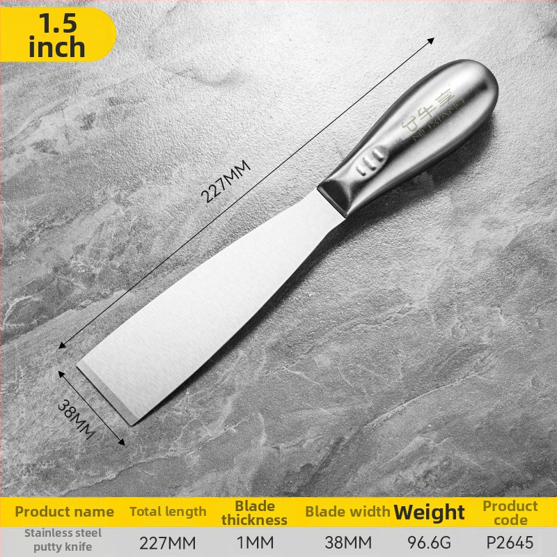 Шпакловъчен нож-скрепер от неръждаема стомана, едно тяло, дебелостенна конструкция, саблевиден връх за шпакловане на стени