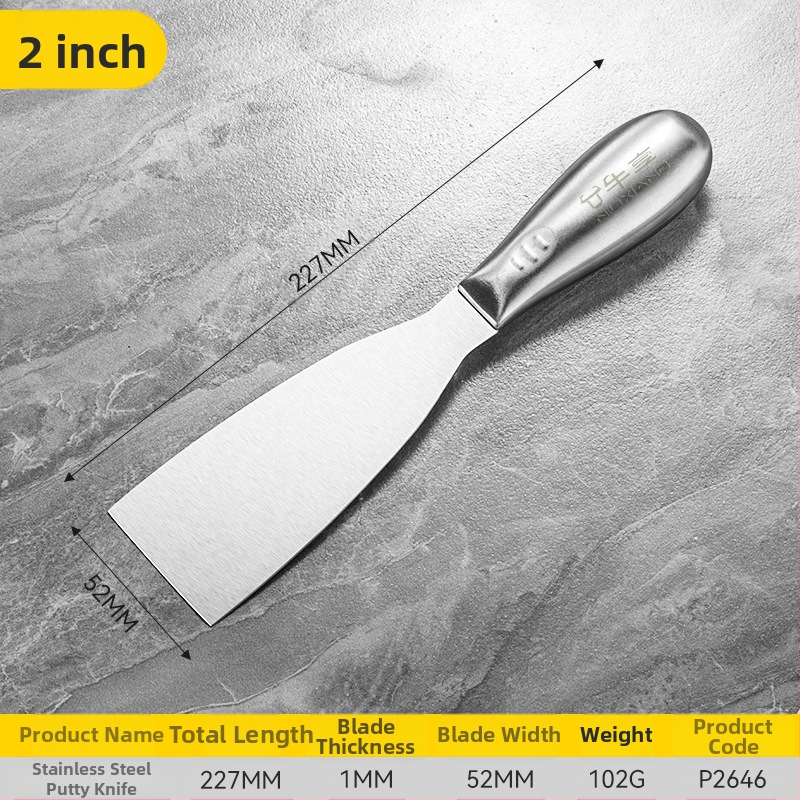 Шпакловъчен нож-скрепер от неръждаема стомана, едно тяло, дебелостенна конструкция, саблевиден връх за шпакловане на стени