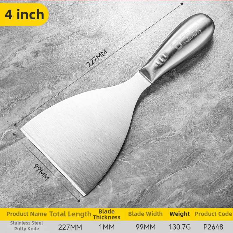 Шпакловъчен нож-скрепер от неръждаема стомана, едно тяло, дебелостенна конструкция, саблевиден връх за шпакловане на стени