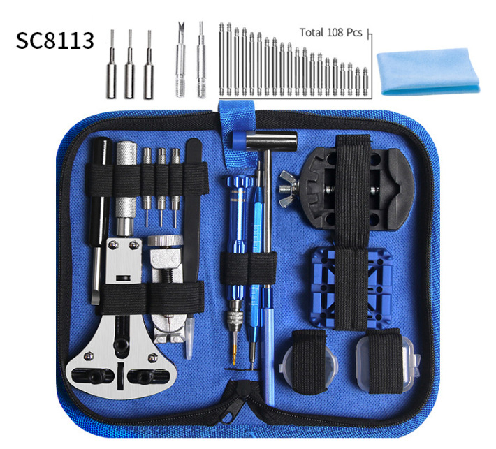 Комплект инструменти за ремонт на часовници — 185 части, от стомана, с инструмент за отваряне на корпуса и за разглобяване и смяна на батериите