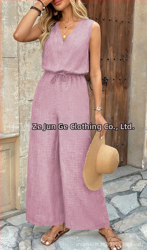 Γυναικεία Jumpsuit με V-λαιμό, χωρίς μανίκια, τσέπες με καπάκια και φαρδιά παντελόνια