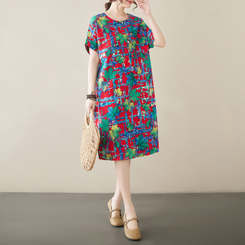 Φόρεμα με εκτύπωση από βαμβάκι-λινό, στρογγυλός λαιμός, κοντά μανίκια, φαρδιά μέση