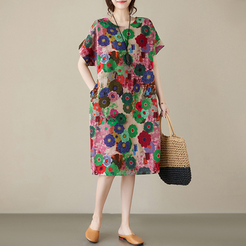 Φόρεμα με εκτύπωση από βαμβάκι-λινό, στρογγυλός λαιμός, κοντά μανίκια, φαρδιά μέση