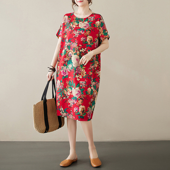 Φόρεμα με εκτύπωση από βαμβάκι-λινό, στρογγυλός λαιμός, κοντά μανίκια, φαρδιά μέση