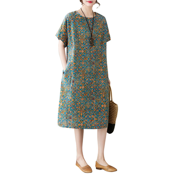 Φόρεμα με εκτύπωση από βαμβάκι-λινό, στρογγυλός λαιμός, κοντά μανίκια, φαρδιά μέση