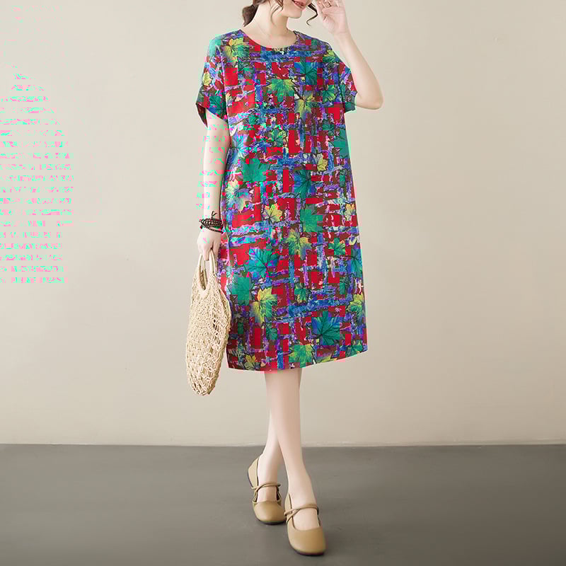 Kokvilnas un lina drukāta kleita ar apaļu kaklu, īsām piedurknēm, brīvu vidukli