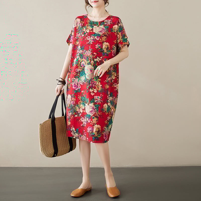 Kokvilnas un lina drukāta kleita ar apaļu kaklu, īsām piedurknēm, brīvu vidukli