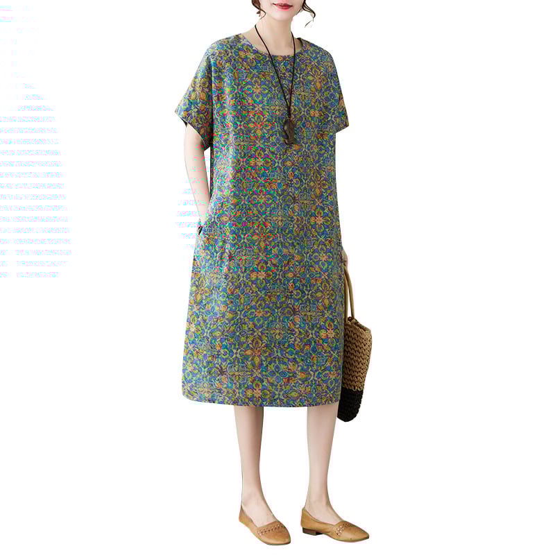 Kokvilnas un lina drukāta kleita ar apaļu kaklu, īsām piedurknēm, brīvu vidukli