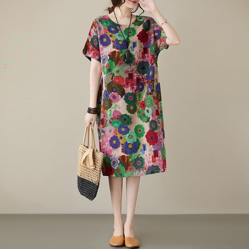 Kokvilnas un lina drukāta kleita ar apaļu kaklu, īsām piedurknēm, brīvu vidukli