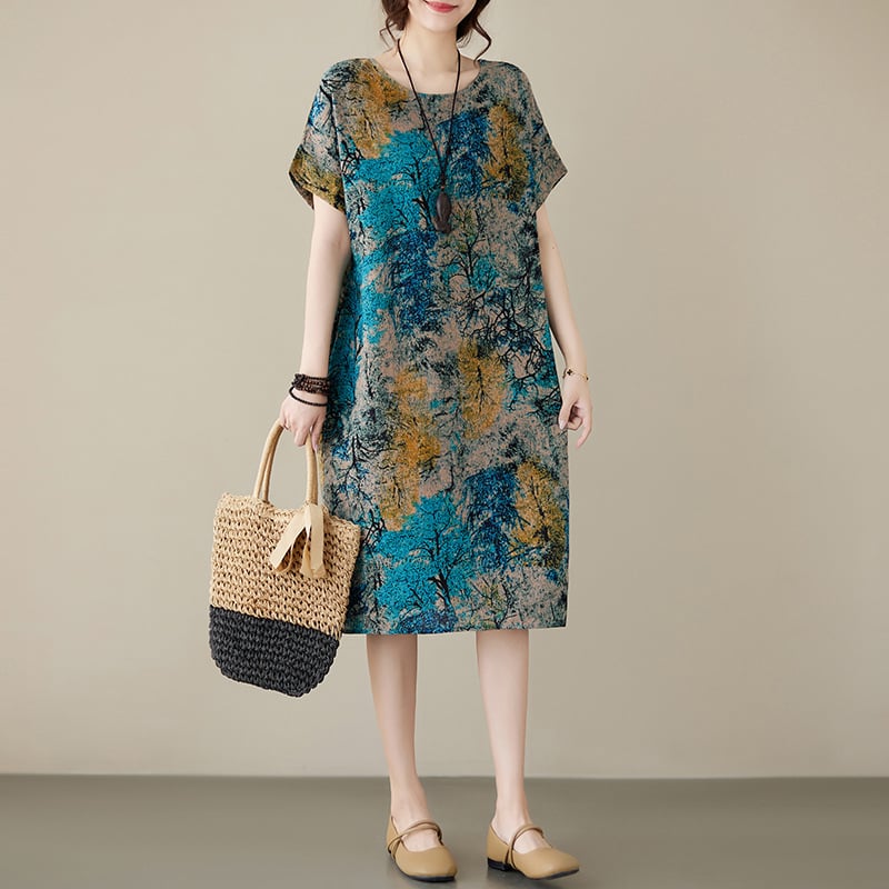 Kokvilnas un lina drukāta kleita ar apaļu kaklu, īsām piedurknēm, brīvu vidukli