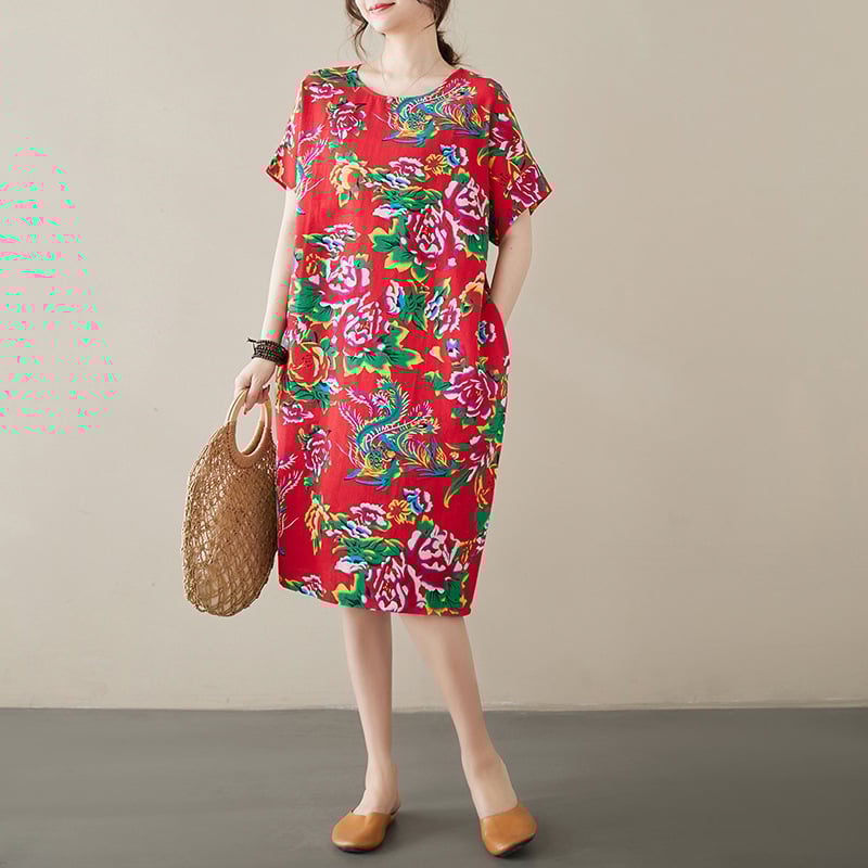 Kokvilnas un lina drukāta kleita ar apaļu kaklu, īsām piedurknēm, brīvu vidukli