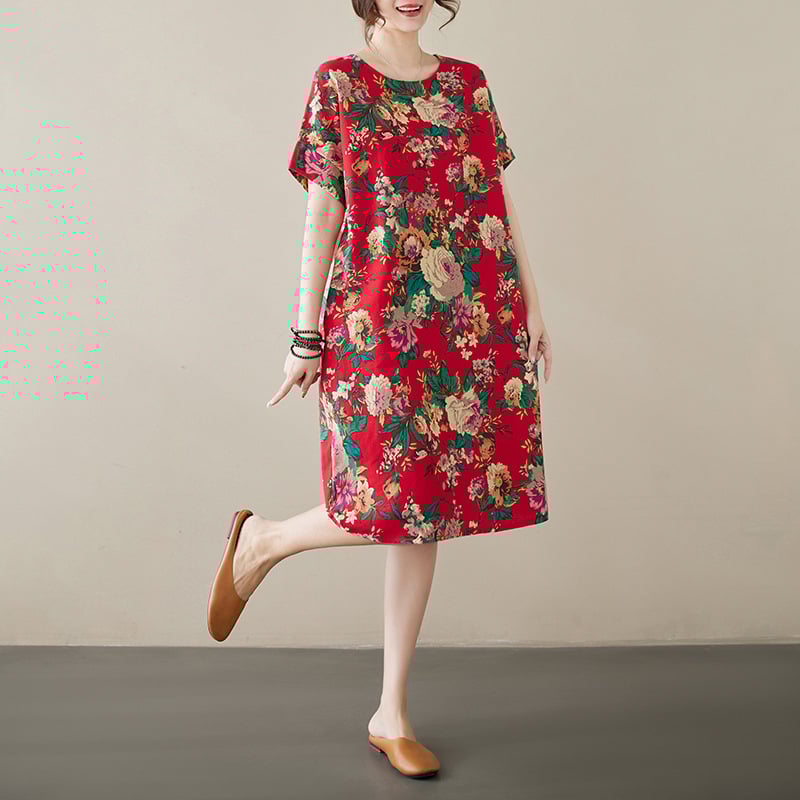 Kokvilnas un lina drukāta kleita ar apaļu kaklu, īsām piedurknēm, brīvu vidukli