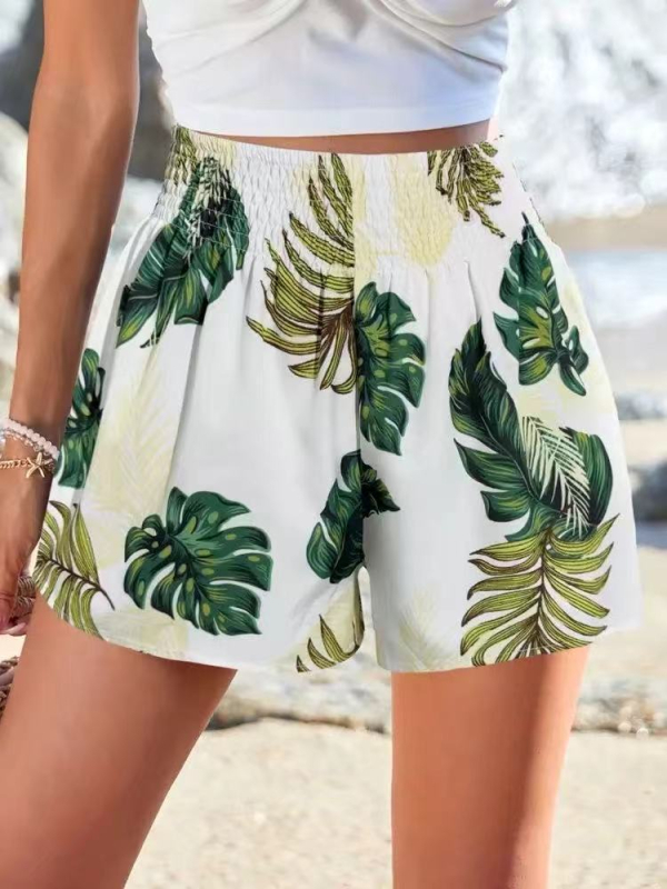 Γυναικείες χαλαρές βερμούδες παραλίας με ελαστική μέση, εκτύπωση στη ζώνη, ελαφριά μίξη πολυεστέρα-βαμβακιού, μήκος τριών τεταρτών, μικροελαστικότητα