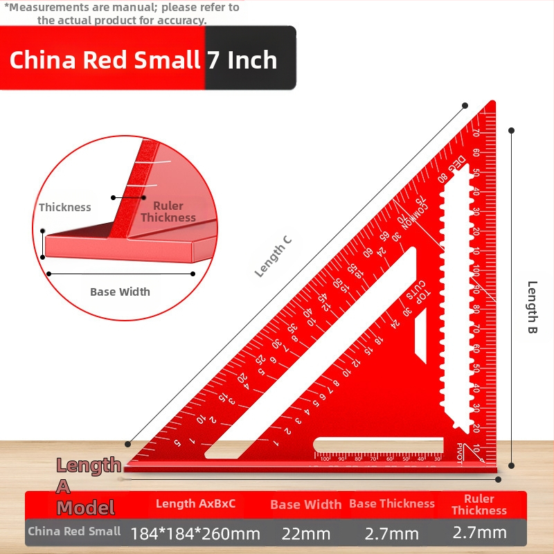 Алуминиев триъгълник-правило за дърводелство, с двойни английски/метрични скали, 90° ъгъл, висока прецизност