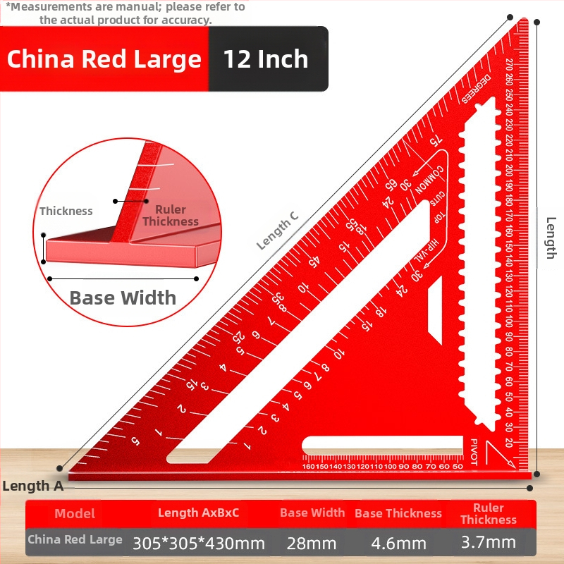 Алуминиев триъгълник-правило за дърводелство, с двойни английски/метрични скали, 90° ъгъл, висока прецизност