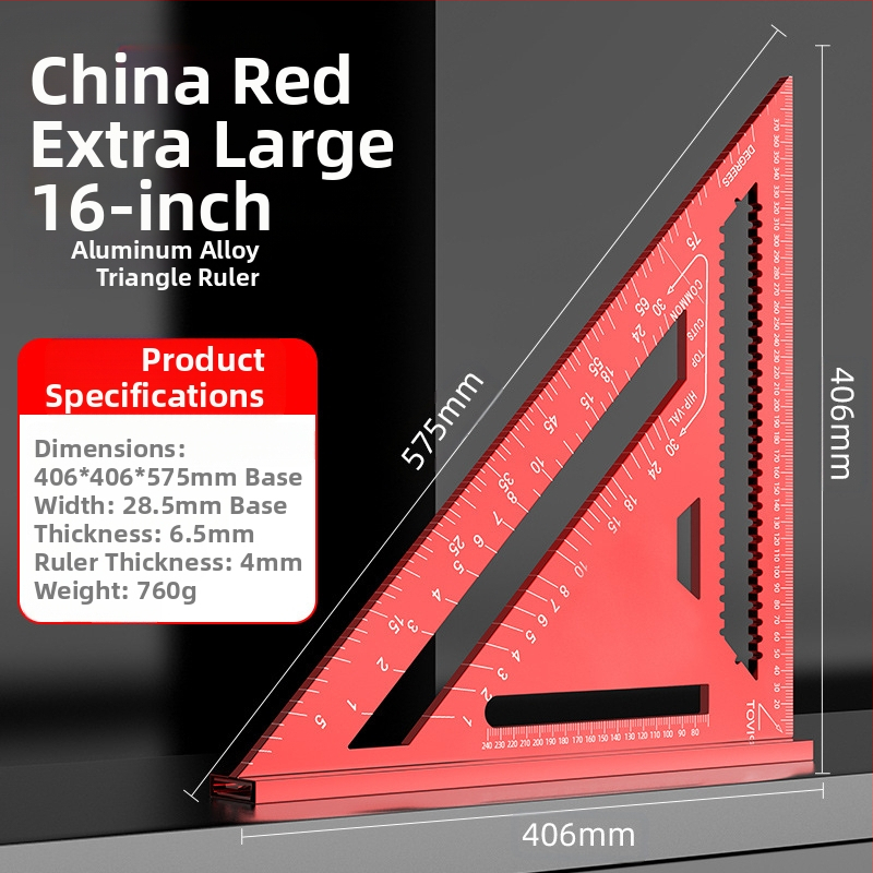 Алуминиев триъгълник-правило за дърводелство, с двойни английски/метрични скали, 90° ъгъл, висока прецизност