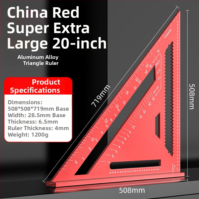 Алуминиев триъгълник-правило за дърводелство, с двойни английски/метрични скали, 90° ъгъл, висока прецизност