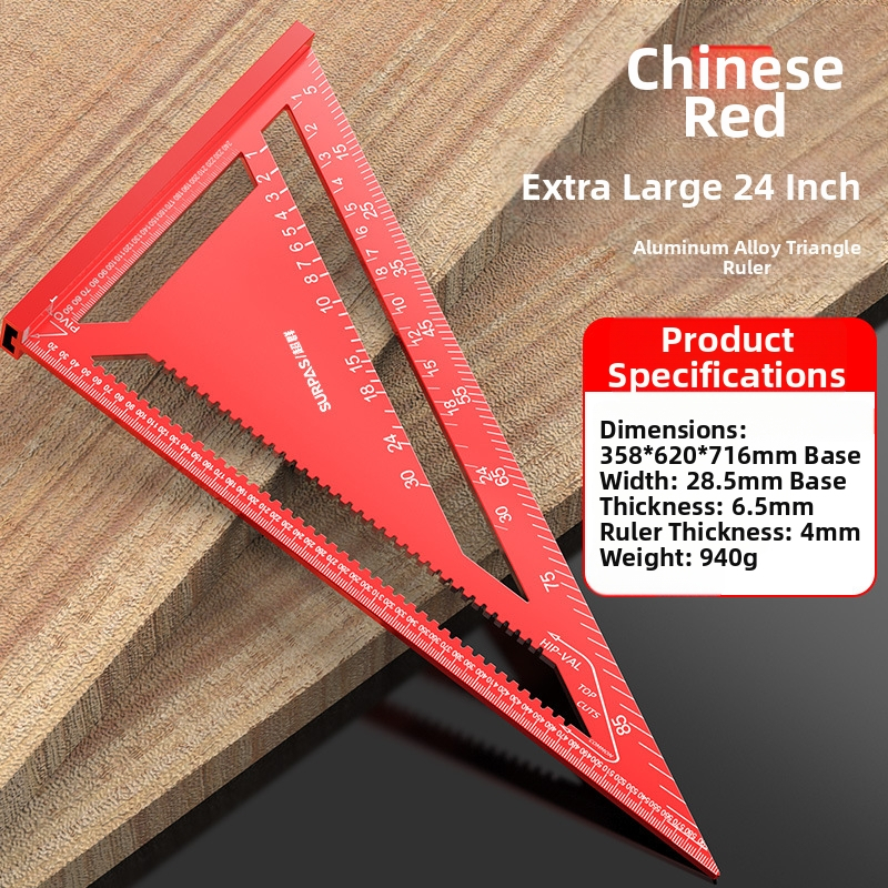 Алуминиев триъгълник-правило за дърводелство, с двойни английски/метрични скали, 90° ъгъл, висока прецизност