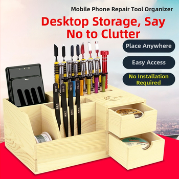 Medinis atsuktuvų laikiklis, daugiafunkcinis mobiliųjų telefonų remonto įrankių organizatorius ir darbo stalas