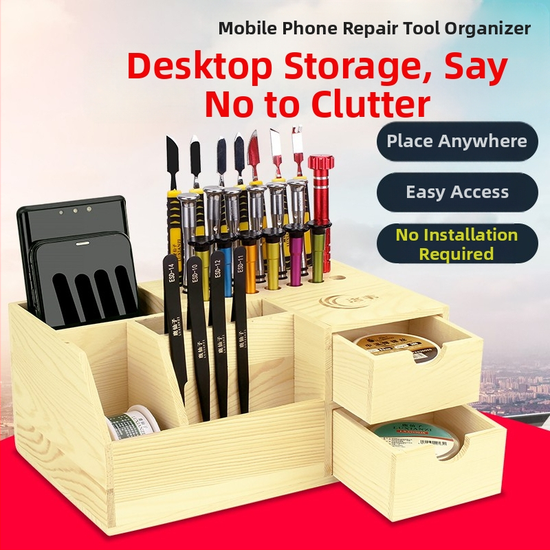 Medinis atsuktuvų laikiklis, daugiafunkcinis mobiliųjų telefonų remonto įrankių organizatorius ir darbo stalas
