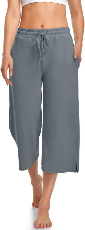 Pantaloni de yoga pentru femei cu croială largă, lungime cropped, șnur, talie elastică, poliester