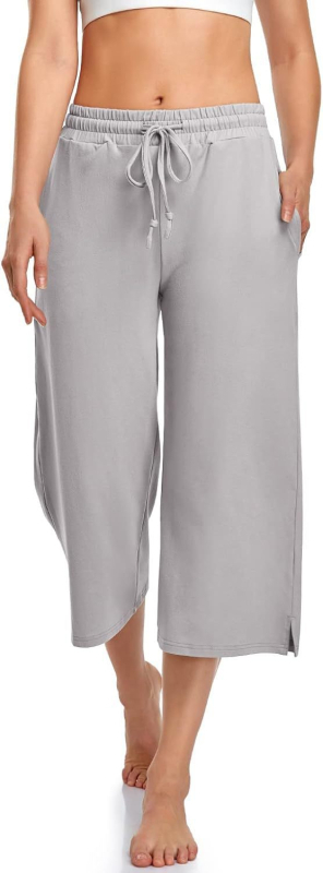 Pantaloni de yoga pentru femei cu croială largă, lungime cropped, șnur, talie elastică, poliester