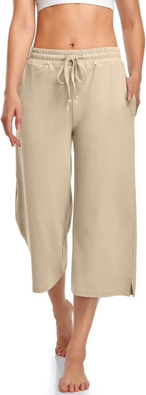 Pantaloni de yoga pentru femei cu croială largă, lungime cropped, șnur, talie elastică, poliester
