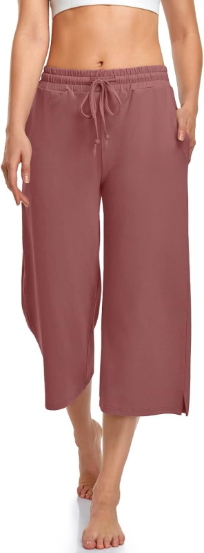 Pantaloni de yoga pentru femei cu croială largă, lungime cropped, șnur, talie elastică, poliester
