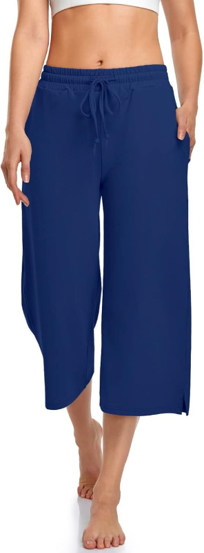 Pantaloni de yoga pentru femei cu croială largă, lungime cropped, șnur, talie elastică, poliester