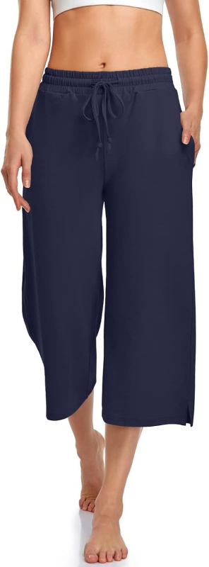 Pantaloni de yoga pentru femei cu croială largă, lungime cropped, șnur, talie elastică, poliester