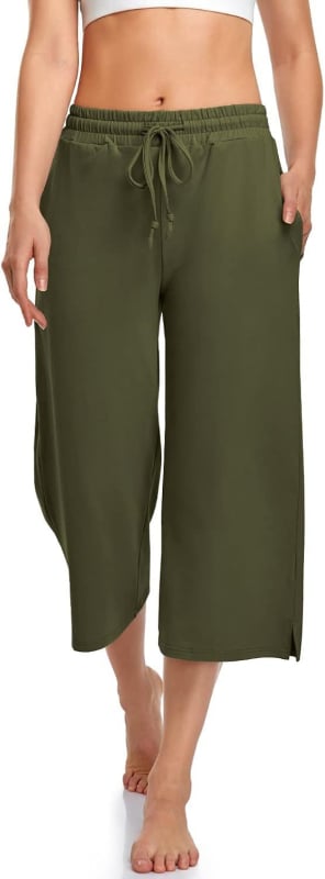 Pantaloni de yoga pentru femei cu croială largă, lungime cropped, șnur, talie elastică, poliester
