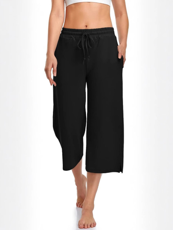 Pantaloni de yoga pentru femei cu croială largă, lungime cropped, șnur, talie elastică, poliester